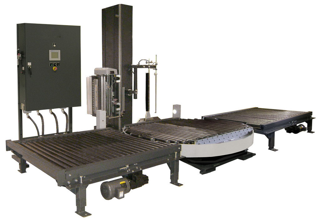 May quấn màng pallet bàn quay tự động trên băng tải - May quan mang pallet ban quay tu dong tren bang tai