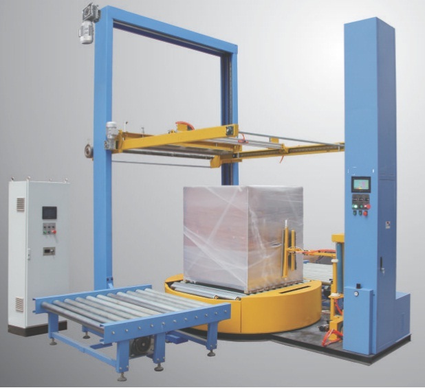 Máy quấn màng pallet có phủ màng che trên đỉnh​ - May quan mang pallet co phu mang che tren dinh