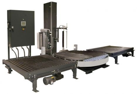 May quấn màng pallet bàn quay tự động trên băng tải - May quan mang pallet ban quay tu dong tren bang tai